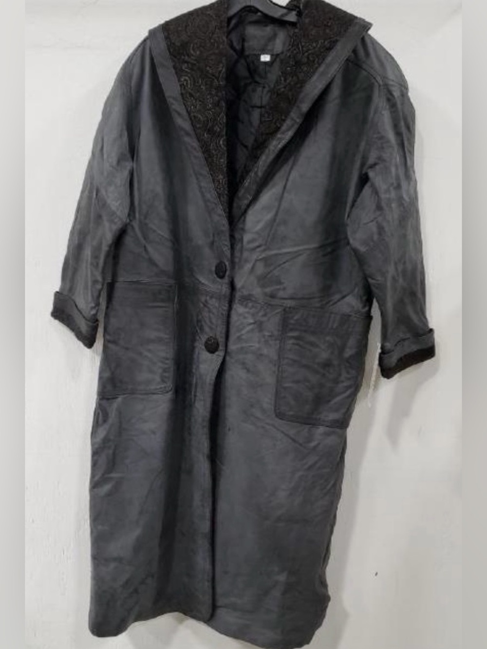 NWT Vintage Pelle Cuir Leather w/Paisley Shawl Collar/Cuffs Button Duster/Trench